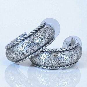 Brighton Alameda Hoop Earrings Etched Floral Rhinestone Woven Edge Post Retired